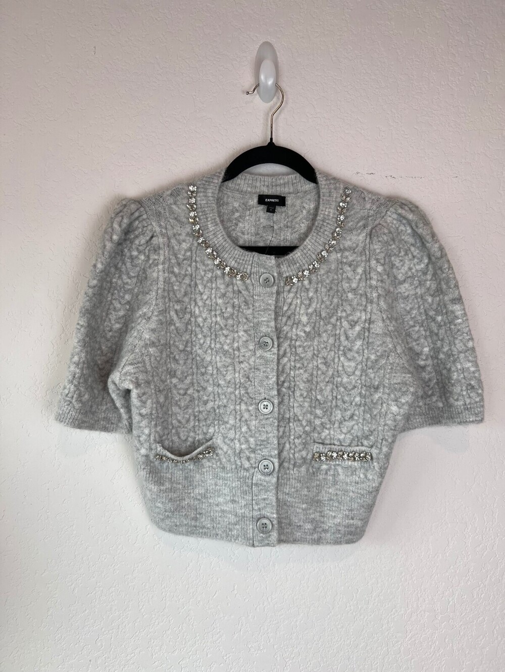NWT Express Gray Knit Button Up Cardigan Sweater Rhinestones Preppy size Small